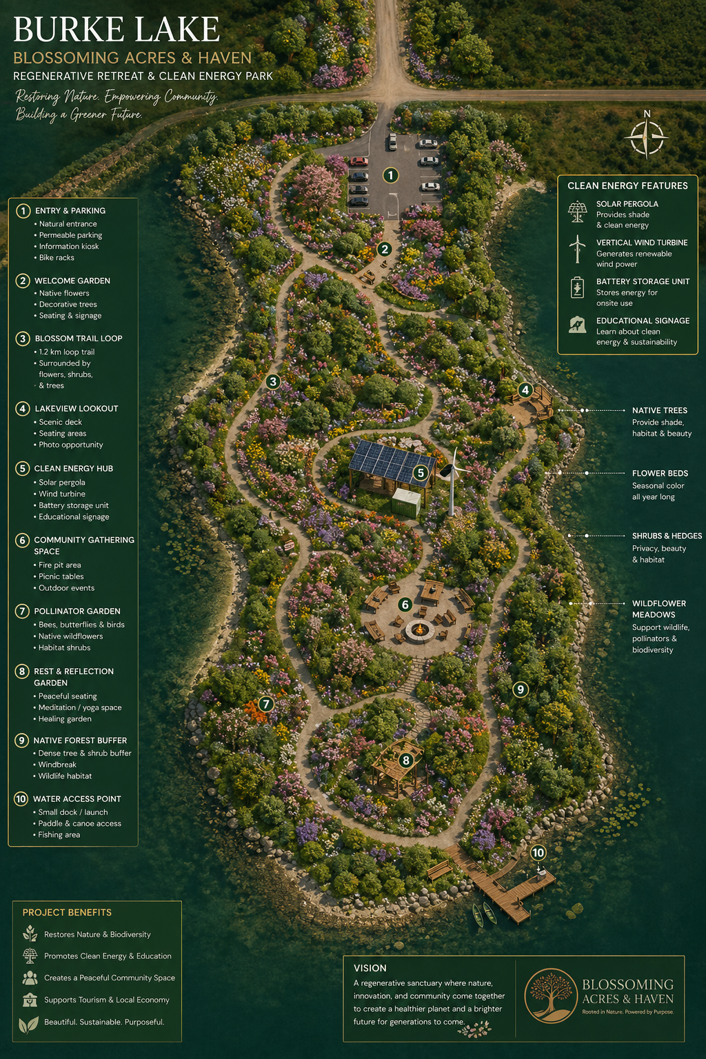Burke Lake site map — Blossoming Acres & Haven regenerative retreat and clean energy park